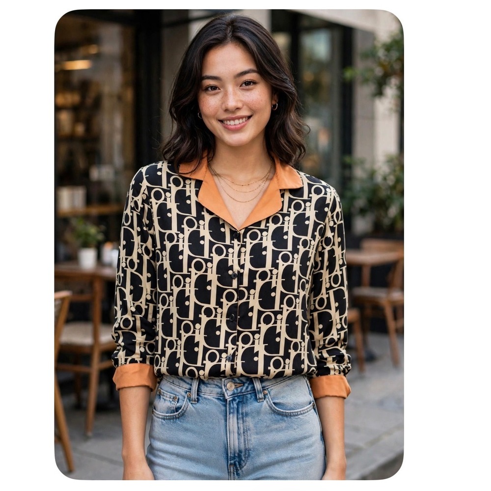 Phuc Tam Womens Monogram Print Button Down Blouse Orange Collar Black Cream L